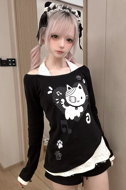 キャットオフショルダートップス