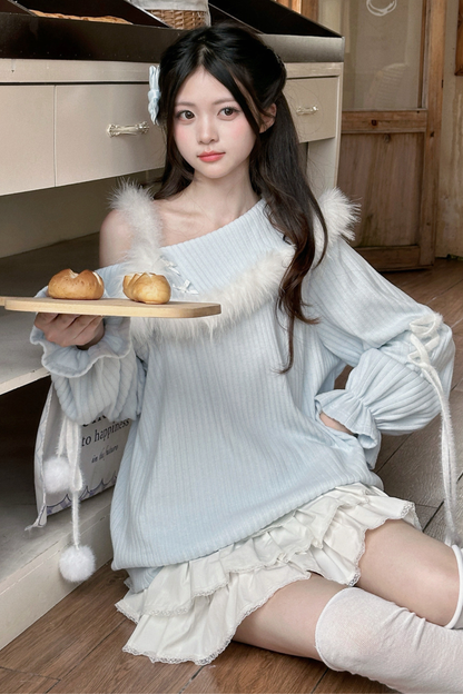 スイートブルーオフショルダーニットトップス