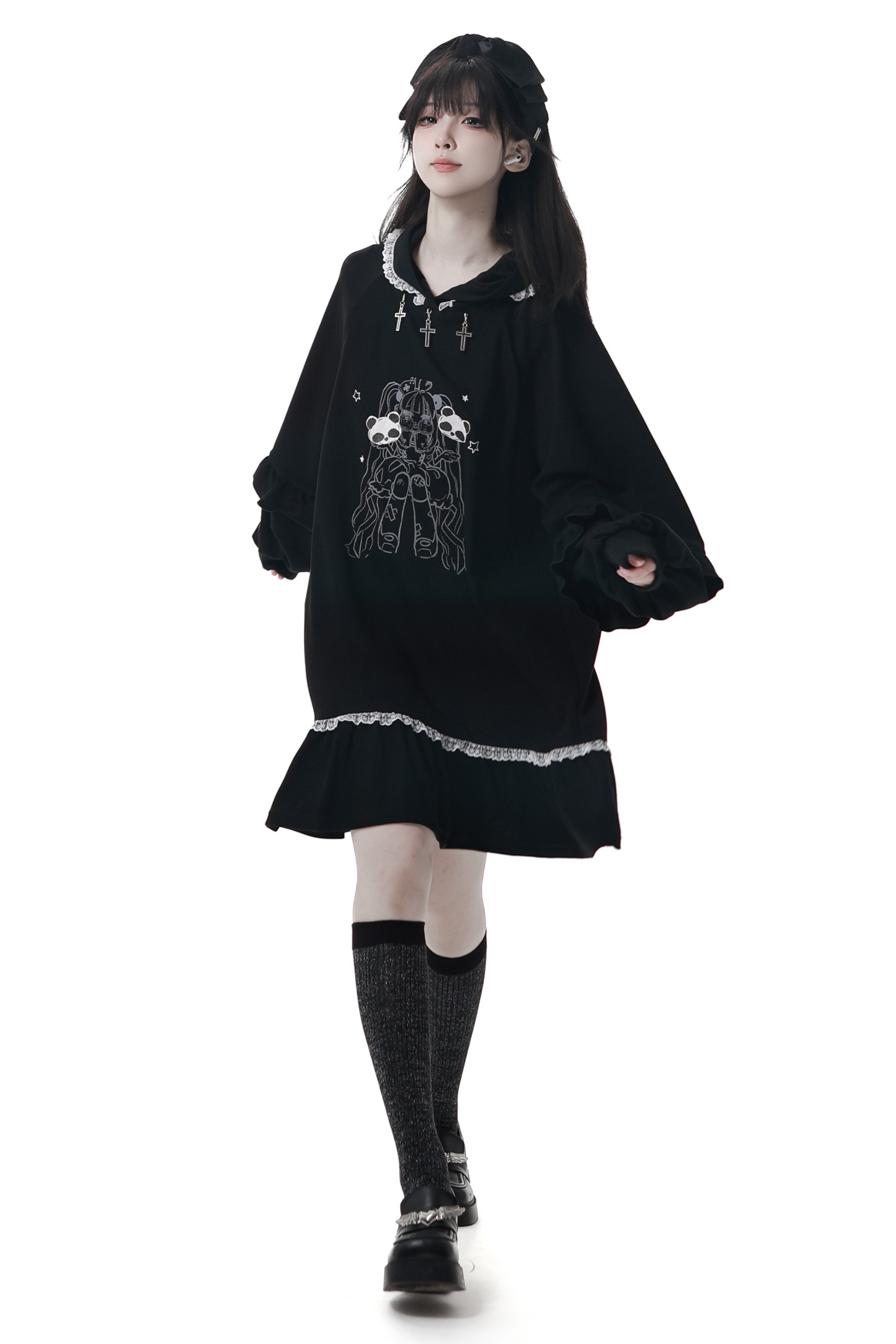 ビッグスイングシャツデザイントップス+フードワンピース+ロングキュロット