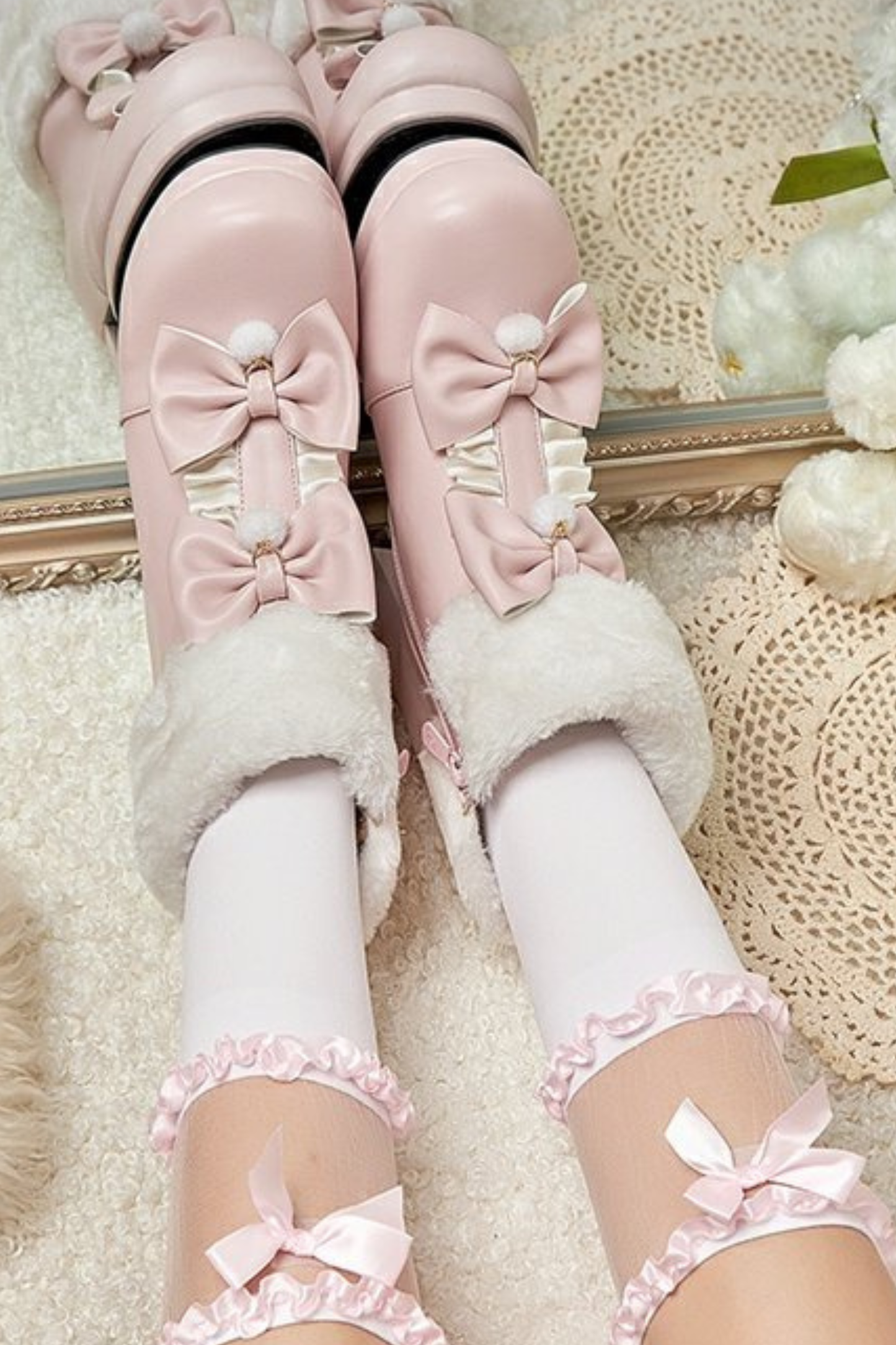 ダブルリボンファーショートブーツ