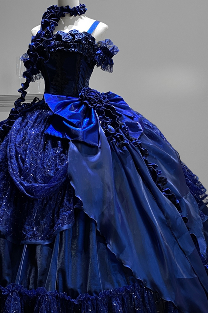 [Reserva] Vestido azul con flores y espiga azul oscuro