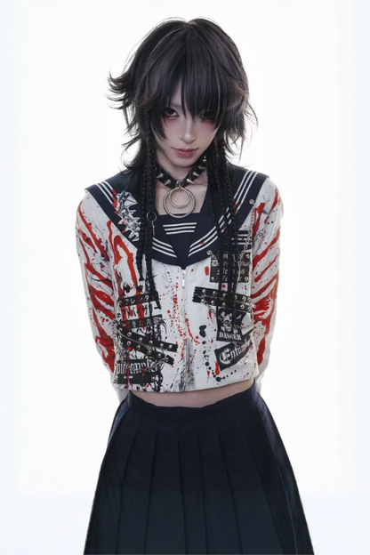 サブカルチャースクールセーラーパンクトップス+プリーツスカート