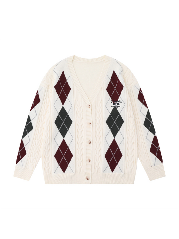 Color Block Diamond Check Loose Couple Cardigan Knit