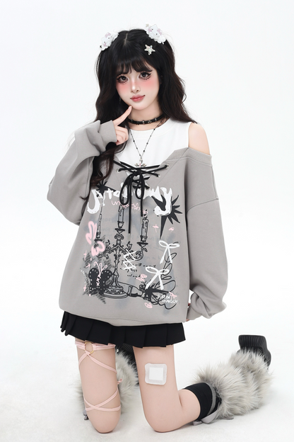 スイートストラップフェイクツーピースオフショルダーデザインガーリースウェット