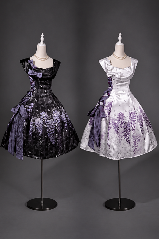 【10月4日予約締切】Black Purple/White Purple Floral Elegant Lolita Satin Side Ribbon Dress