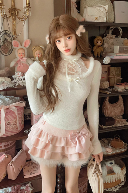 [Reservations] Lace Ribbon Faux Two-piece Knit