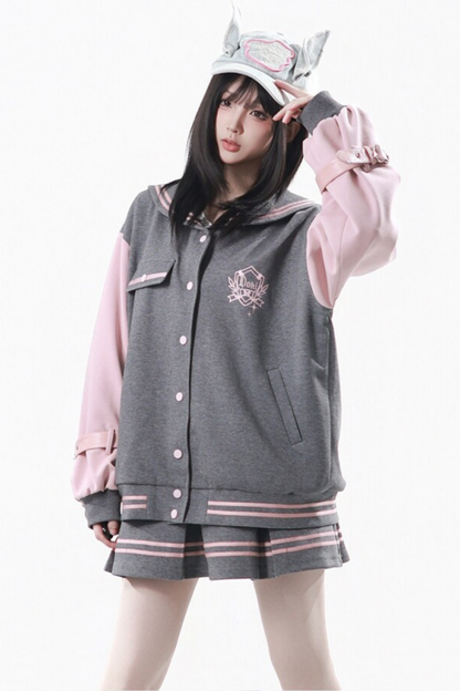 세일러 칼라 재킷 + 플리츠 스커트 + 롱 팬츠