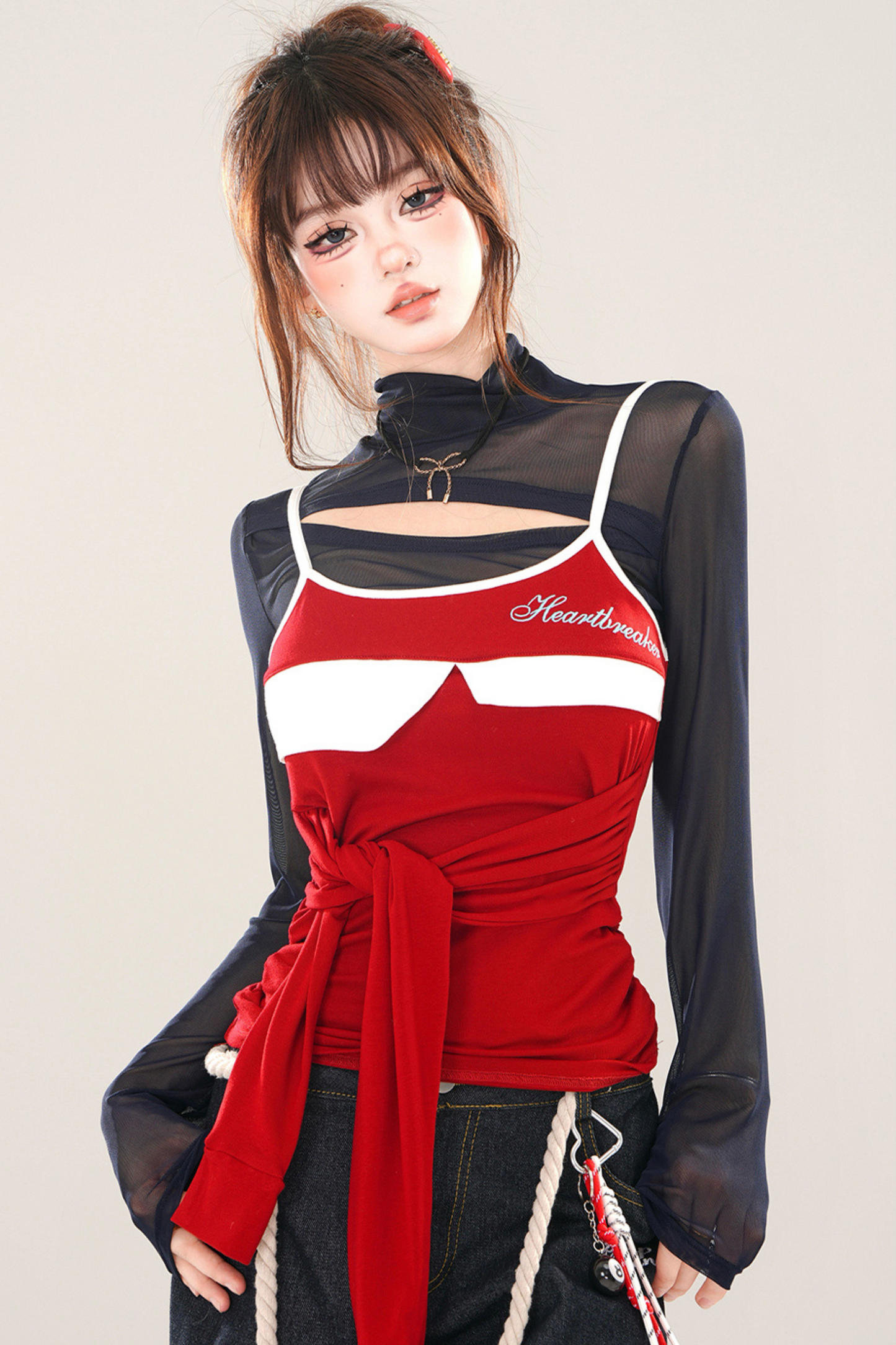 Half Turtleneck Hot Girl Mesh Top + Camisole