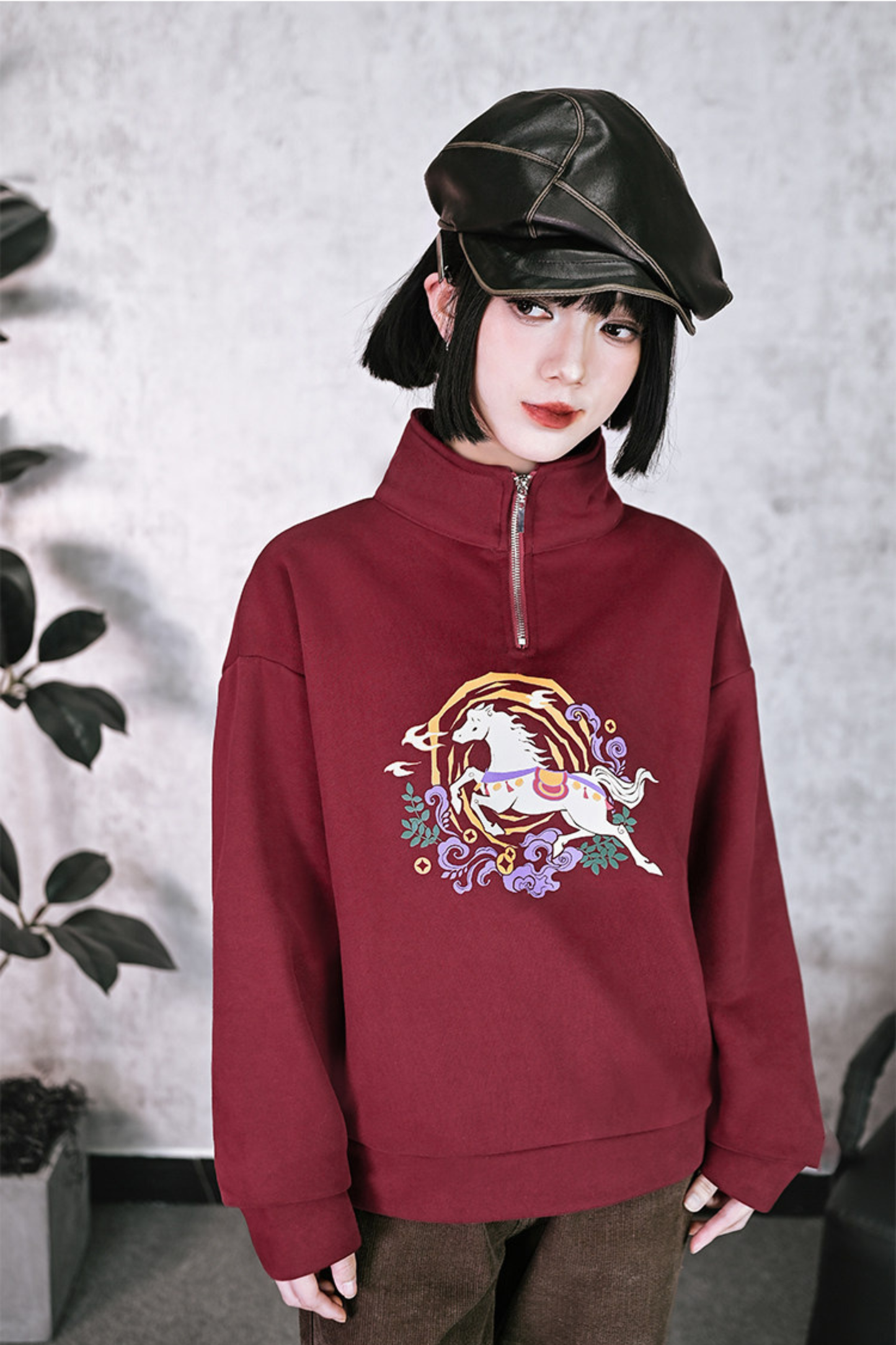 Retro china mode zip-neck top