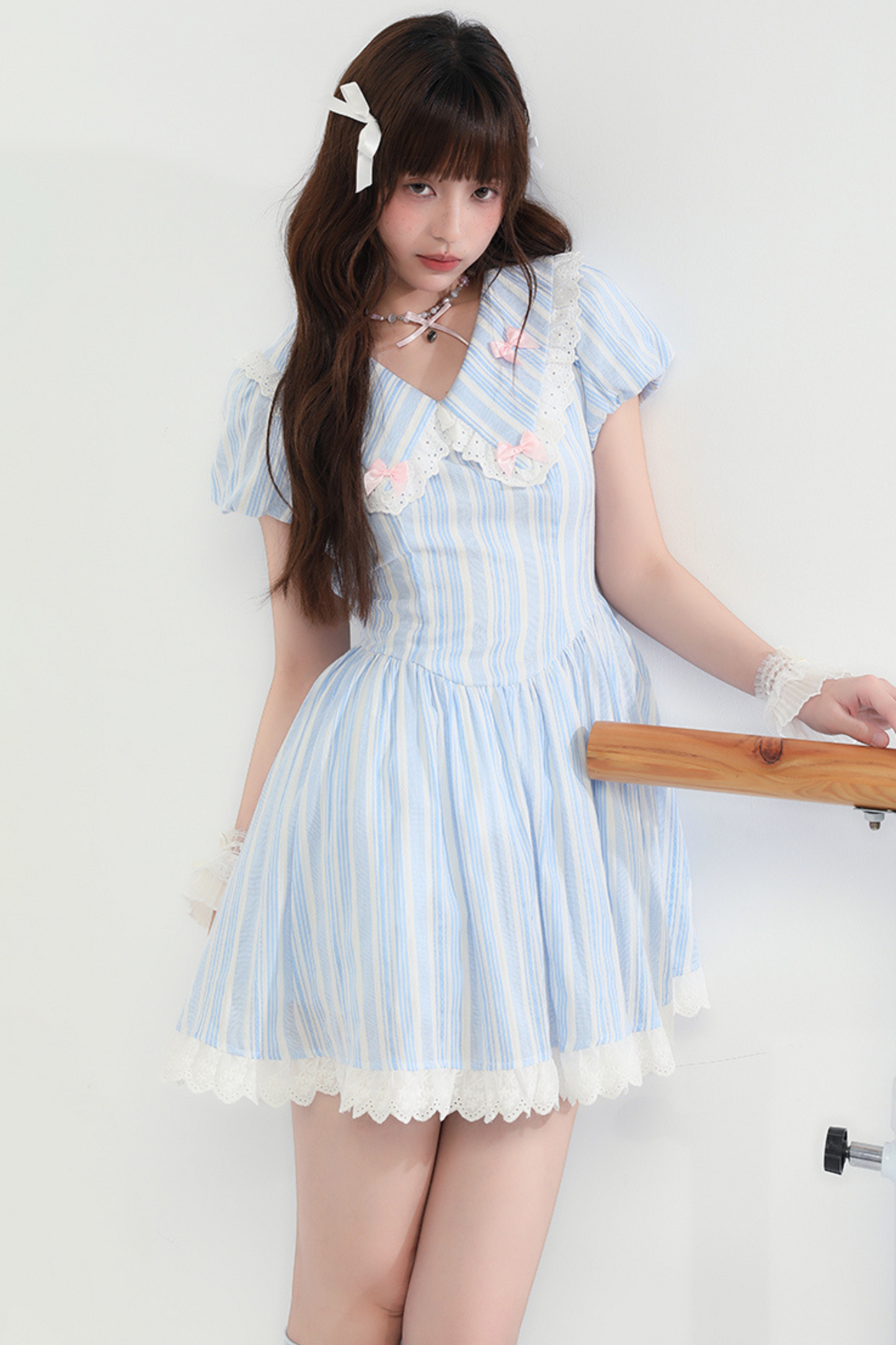 Lace Ribbon Blue Striped Dress