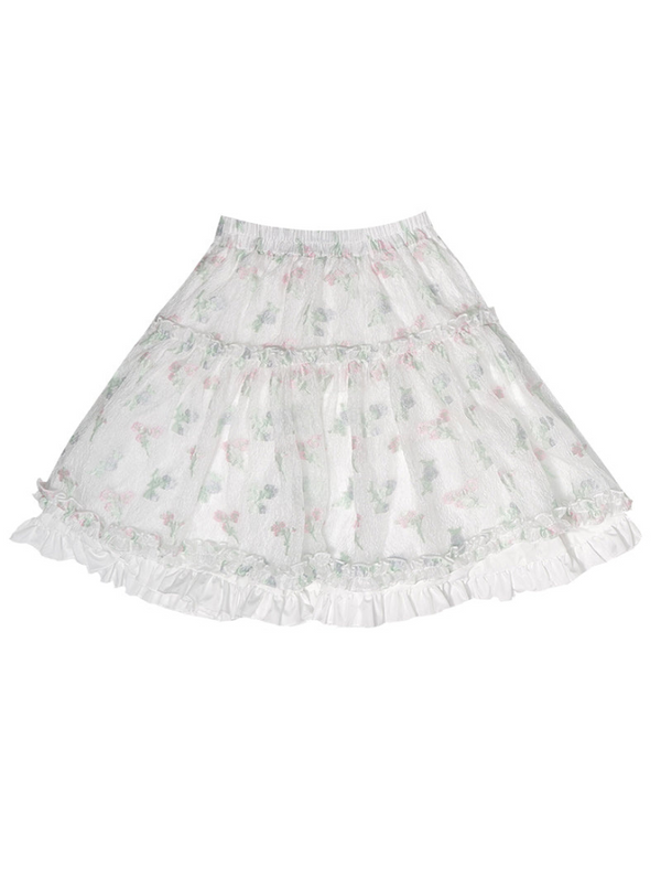 Jaguard Layered Flower Pure White Cute Flare Skirt