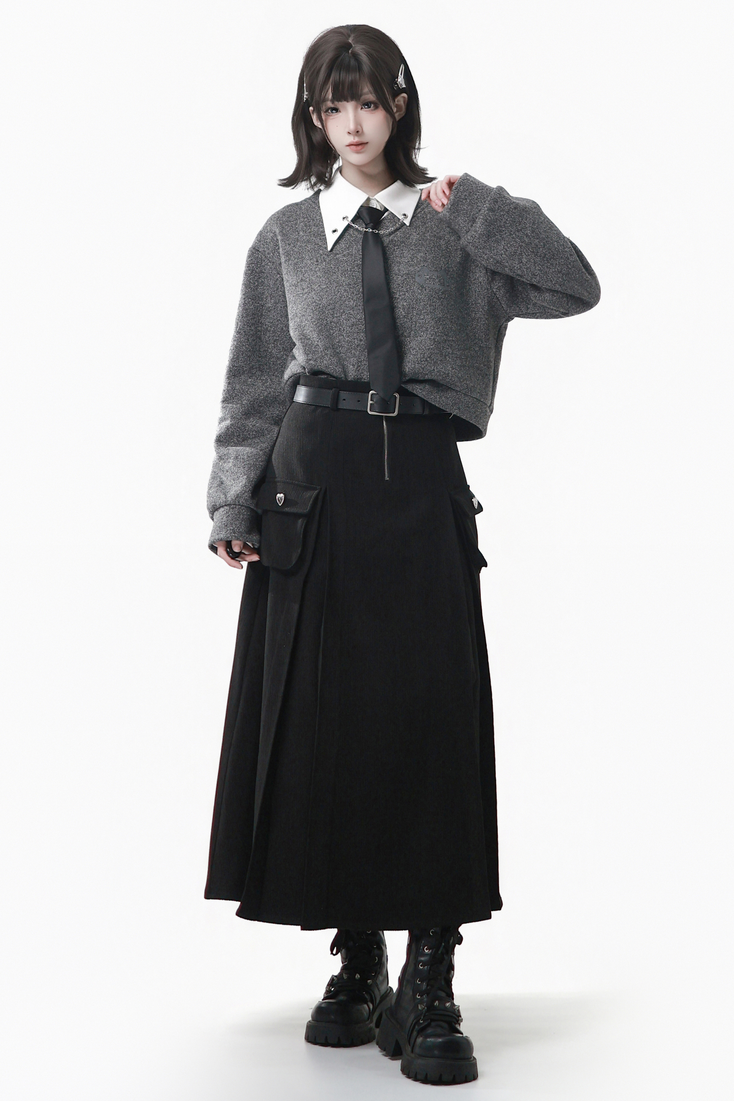 グレーウィンタープレッピーカレッジロングトップス+ショートトップス+スカート+パンツ+シャツ