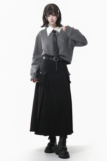 グレーウィンタープレッピーカレッジロングトップス+ショートトップス+スカート+パンツ+シャツ