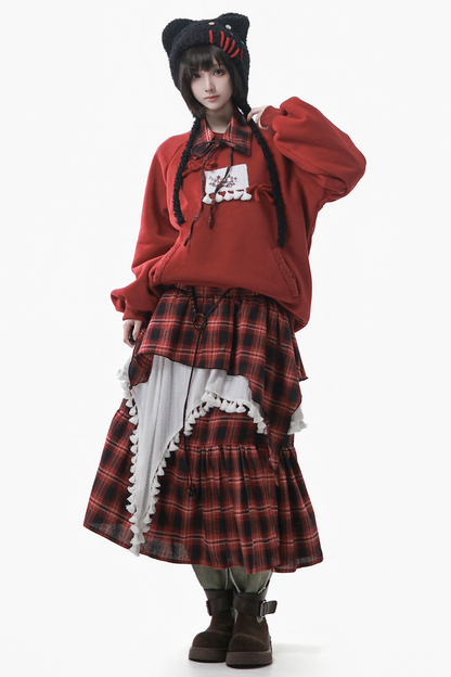 ルーズフリーススウェット+チェックスカート