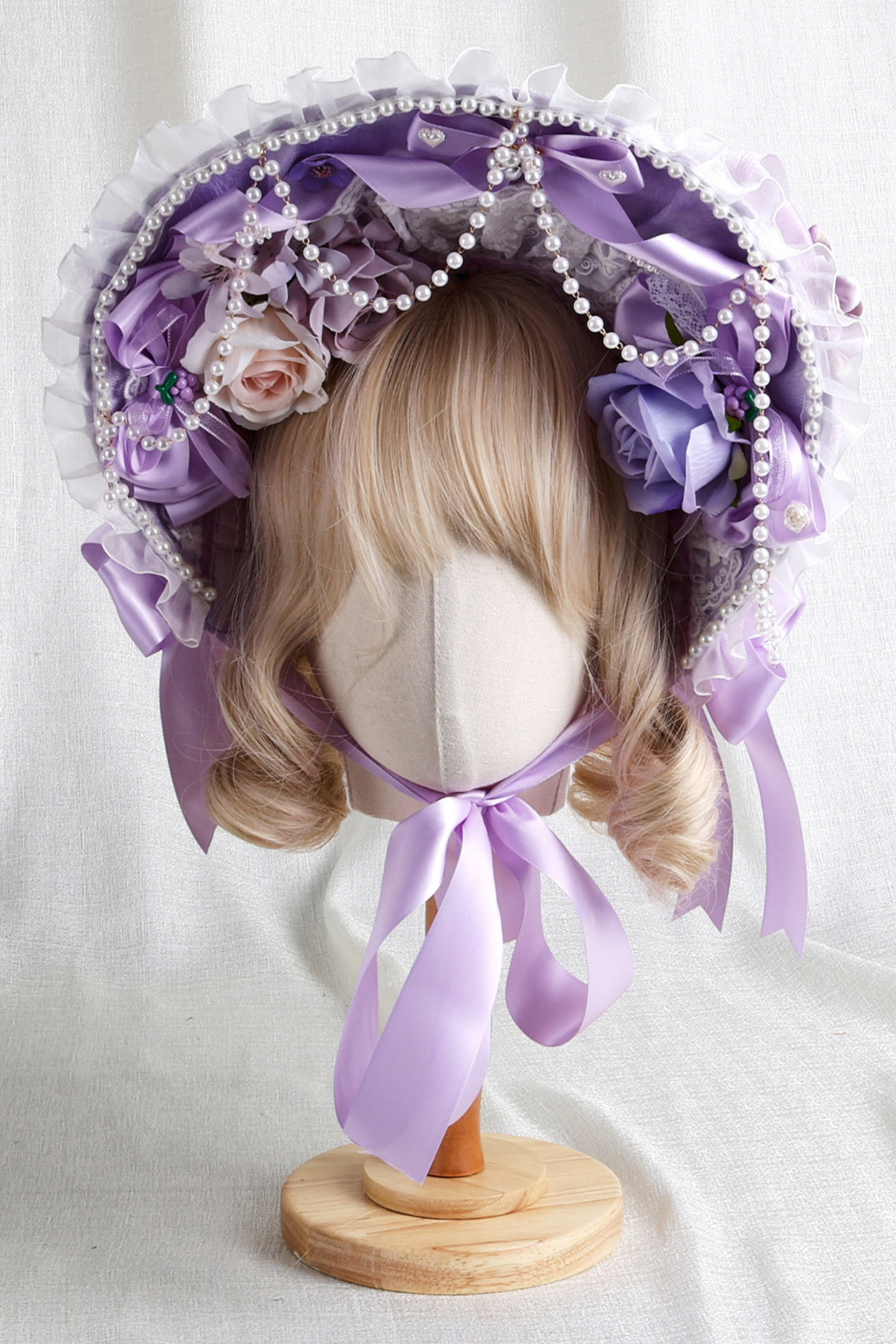 パープルブライダルリボンフラワーボンネット+ハットクリップ+ヘアバンド+リボンクリップ+スリーブ