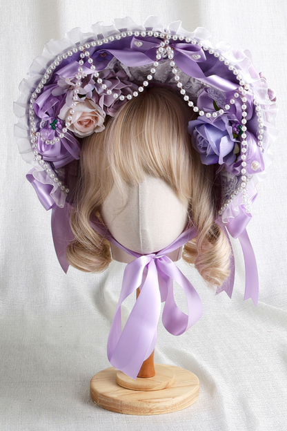 パープルブライダルリボンフラワーボンネット+ハットクリップ+ヘアバンド+リボンクリップ+スリーブ