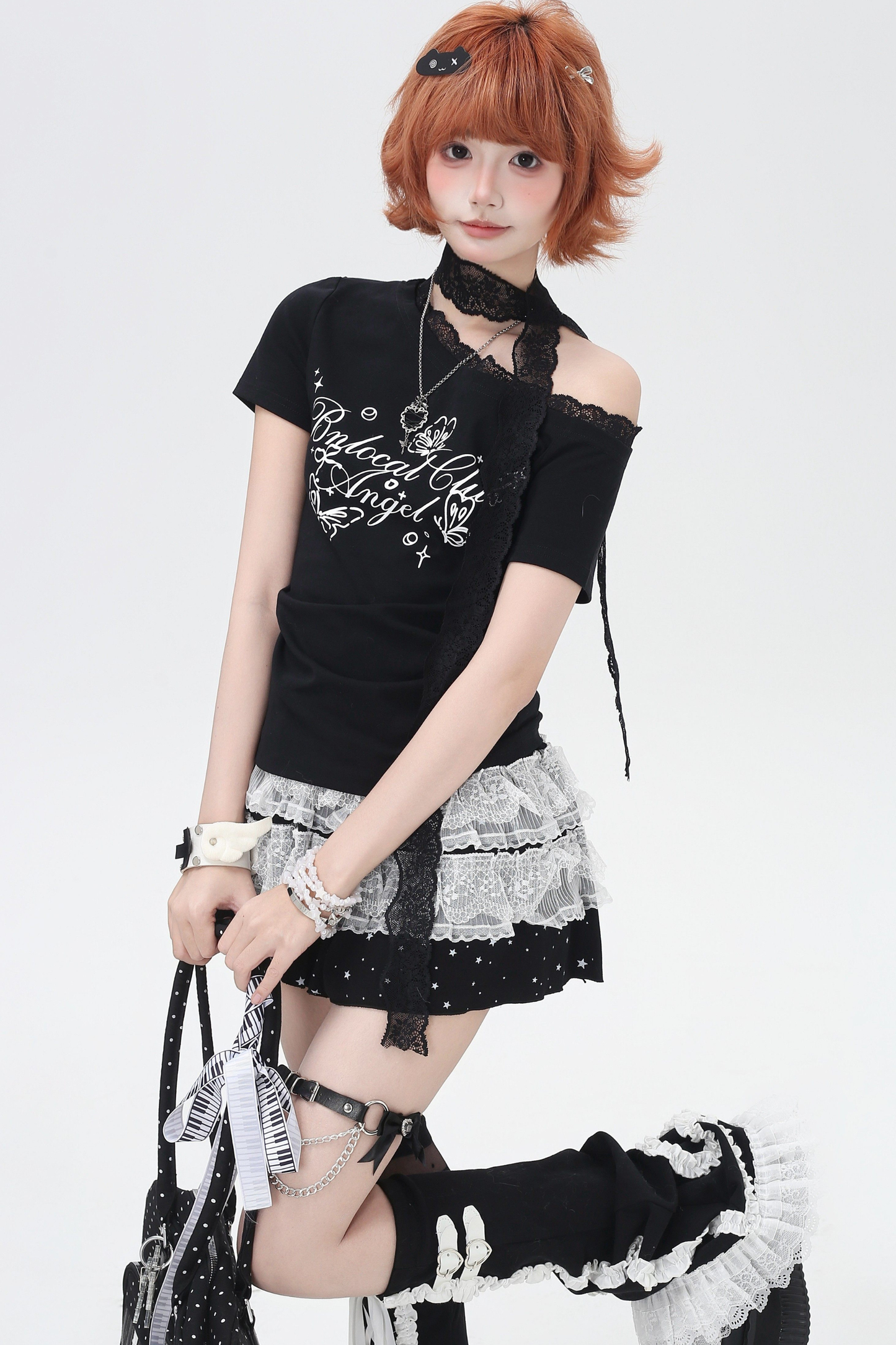 レースデザインワンショルダースリムトップス