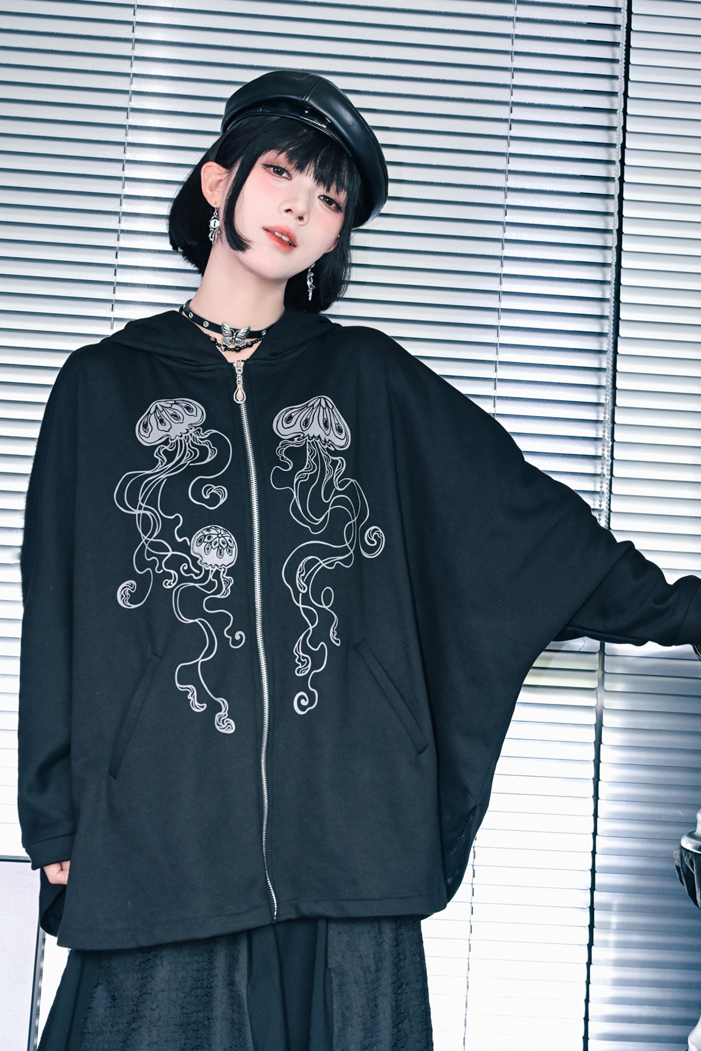 Draped Bat Sleeve Printed Hooded Hoodie