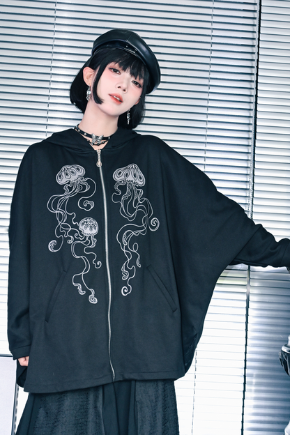 Draped Bat Sleeve Printed Hooded Hoodie