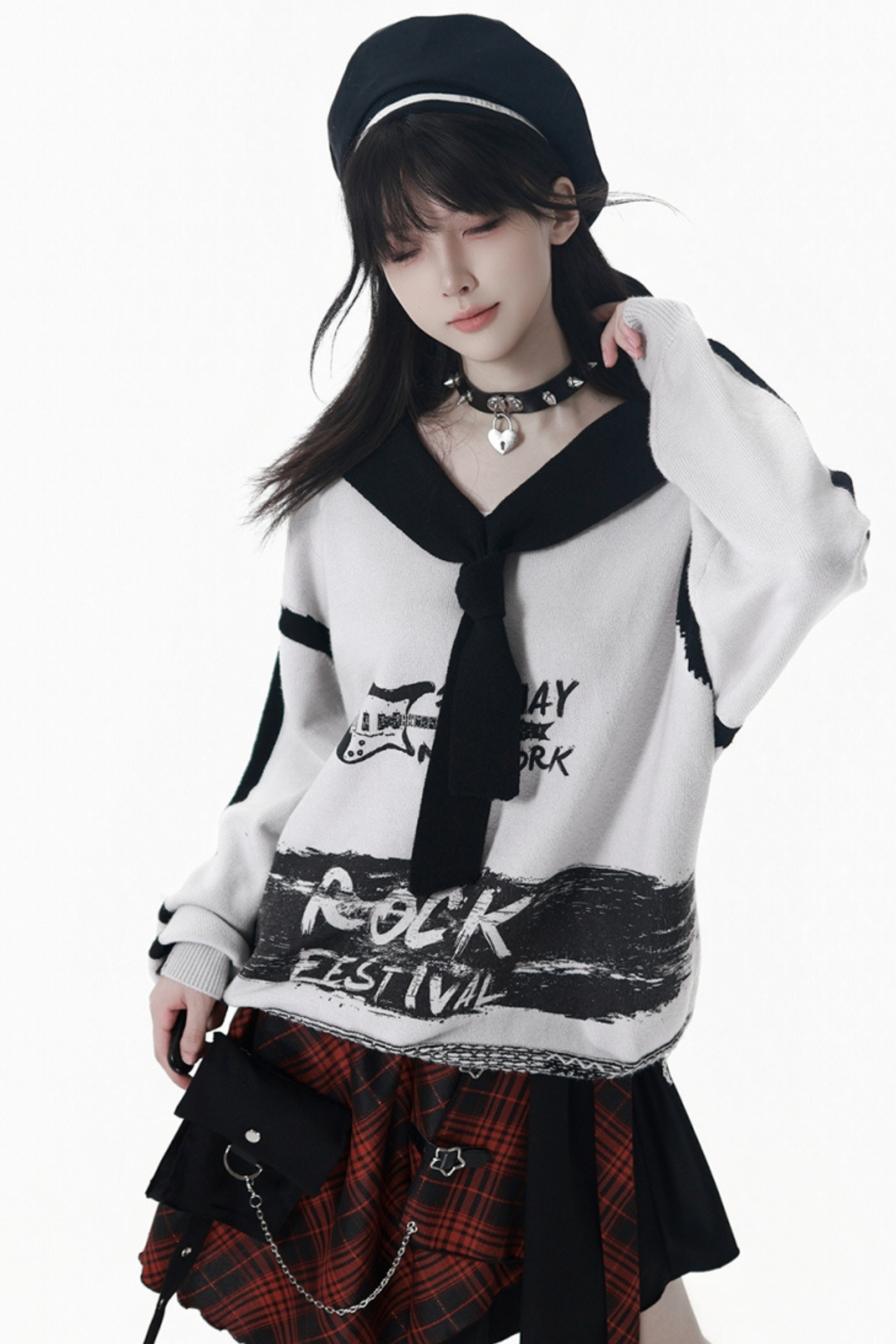 Dark Loose Sweater + Checked Asymmetrical Skirt