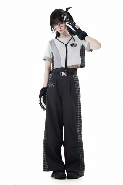 チェックショートトップス+チェックパンツ+フードトップス