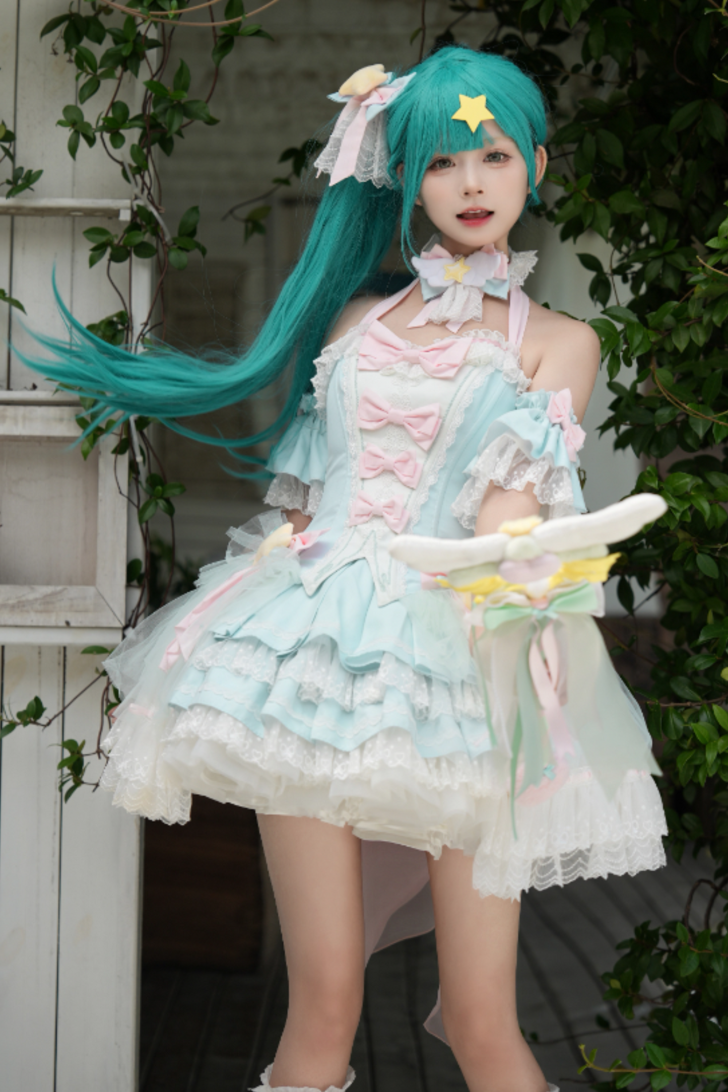 魔法妖精スパークリングウォーターロリータトップス+スカート+ヘアクリップ+テール+魔法ステッチ