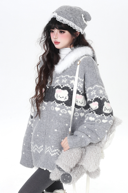 フェアアイルルーズフードニットカーディガン