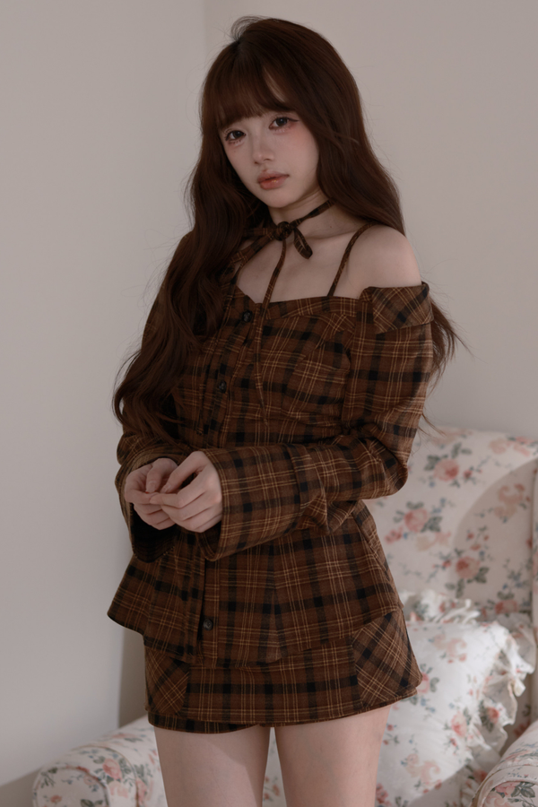 Checkered Off Shoulder Top + Shorts
