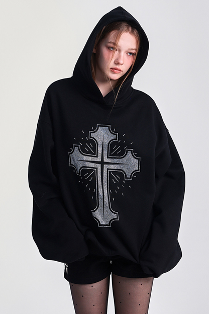 ビッグクロスデザインルーズフードパーカー