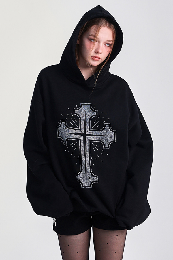 ビッグクロスデザインルーズフードパーカー