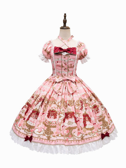 【4月26日予約締切】レトロロマンスイートロリータリボンケーキプリントホルターネックドレス
