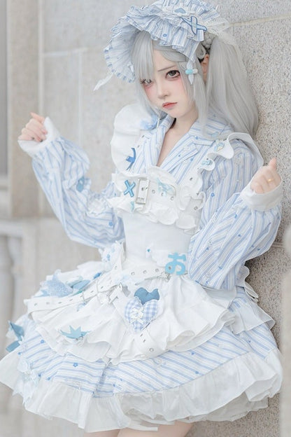 【11月5日予約締切】Blue White Striped Medical Lolita Nurse Sickly Kawaii Dress Suit Full Set (Shirt + Skirt + Apron + Back Ribbon + Leg Covers)