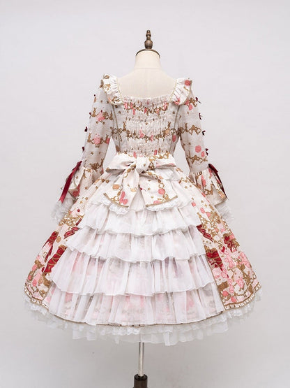 【4月26日予約締切】レトロロマンスイートロリータリボンケーキプリントゴージャス姫袖ドレス