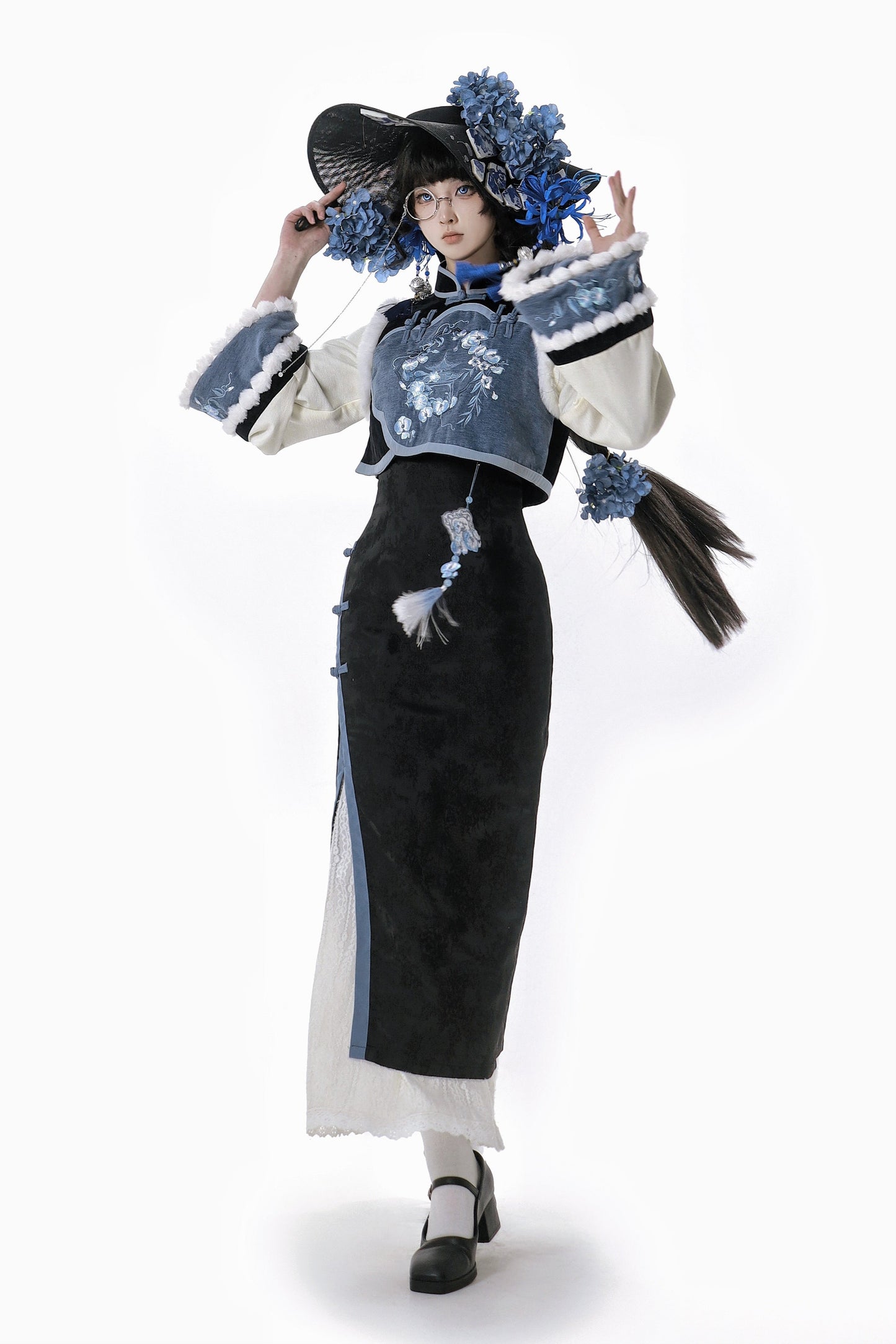 【予約商品】ブルーブラックエレガントベルスリーブチャイナドレス＋ベスト