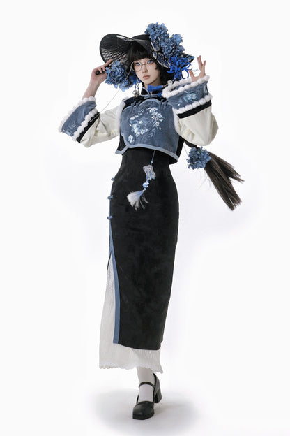 【予約商品】ブルーブラックエレガントベルスリーブチャイナドレス＋ベスト