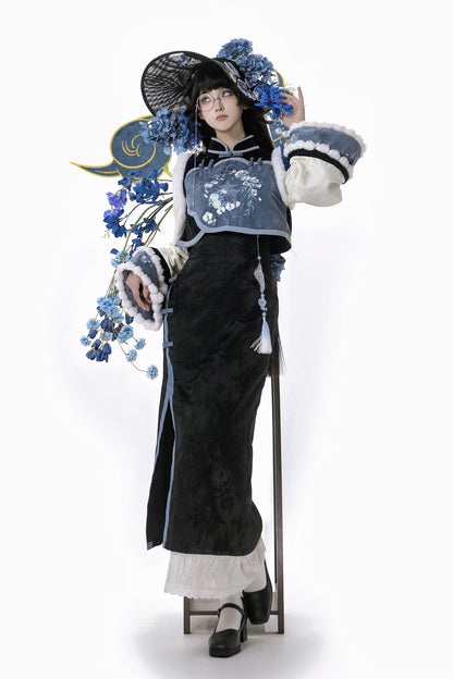 【予約商品】ブルーブラックエレガントベルスリーブチャイナドレス＋ベスト