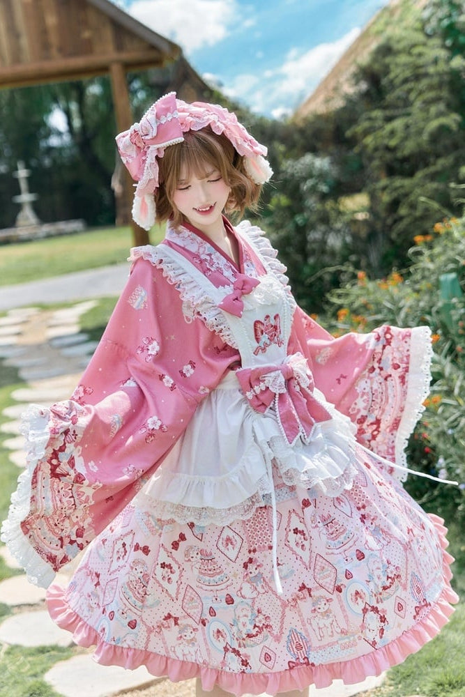 【10月21日予約締切】Pink/Blue Hanfu-inspired Little Lamb Tea Party Lace Wide Sleeve Blouse + Printed Ruffle Skirt + Pleated Mamian Skirt + Strawberry Embroidered Ribbon Lace Apron