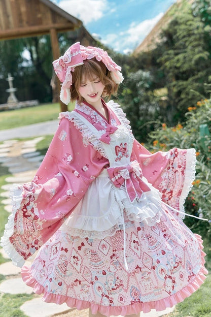 【10月21日予約締切】Pink/Blue Hanfu-inspired Little Lamb Tea Party Lace Wide Sleeve Blouse + Printed Ruffle Skirt + Pleated Mamian Skirt + Strawberry Embroidered Ribbon Lace Apron
