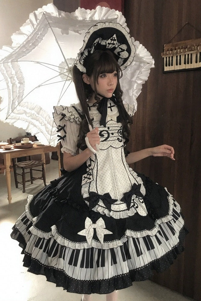 [Reservierungsschluss 15. August] Klassisches Piano-Lolita-JSK mit Rüschenträgern, Notenschleifen-Schürzenkleid-Set + Komplettset