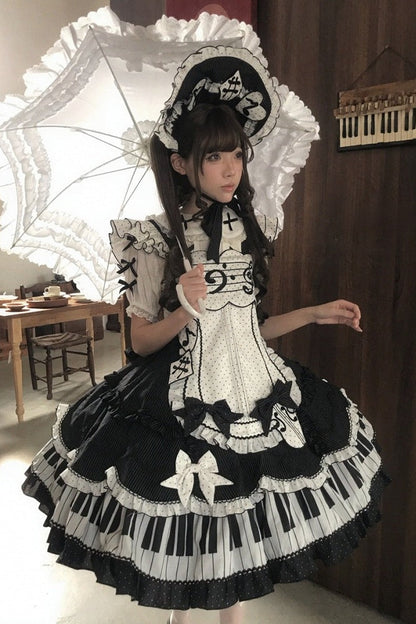 [Reservierungsschluss 15. August] Klassisches Piano-Lolita-JSK mit Rüschenträgern, Notenschleifen-Schürzenkleid-Set + Komplettset