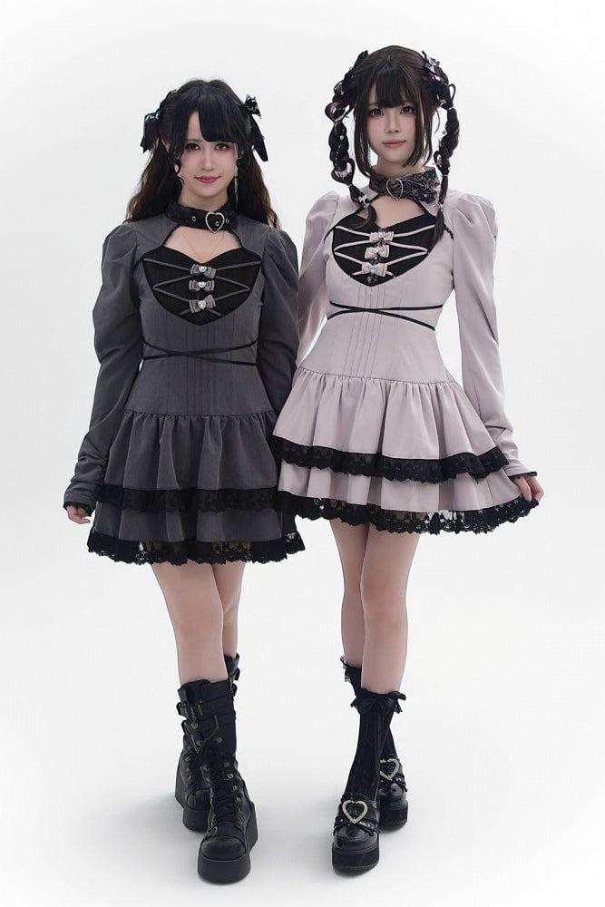 [Reservierungsschluss 28. September] Pink x Schwarz/Grau x Schwarz Gothic-Kleid mit herzförmigem Ausschnitt, Gürtelkragen, Spitzenbesatz und Schleifendetail