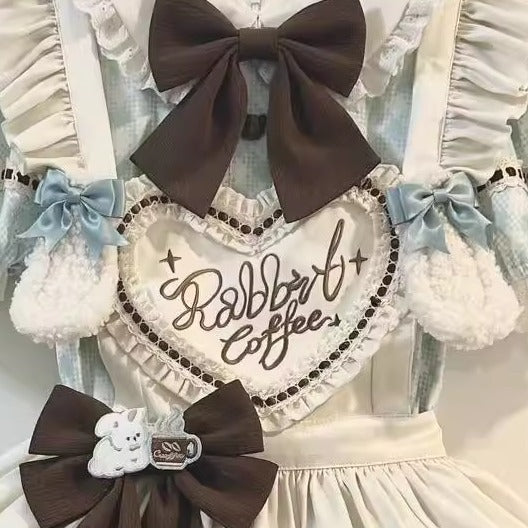[Pre-order] Bunny Ear Hair Clip + Pink Blue Sweet Maid Apron Dress