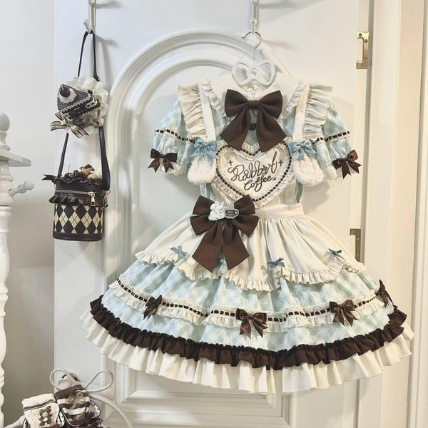 [Pre-order] Bunny Ear Hair Clip + Pink Blue Sweet Maid Apron Dress