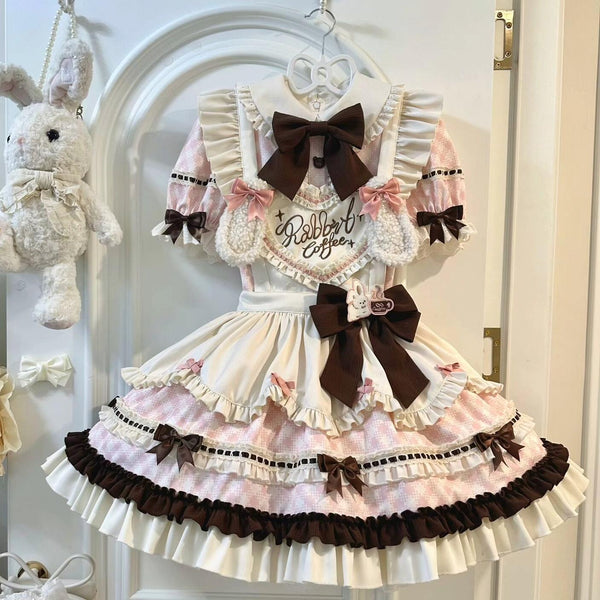 [Pre-order] Bunny Ear Hair Clip + Pink Blue Sweet Maid Apron Dress