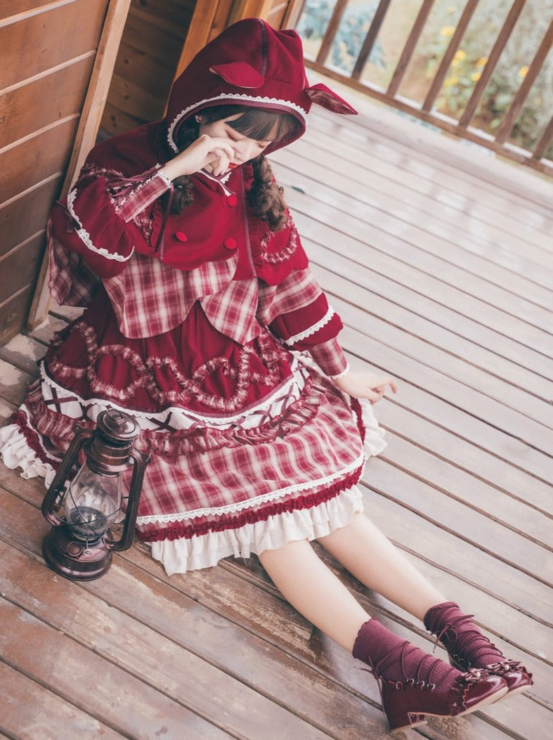 Check Ribbon Lace-up Lantern Sleeve Tiered Dress + Wolf Ear Hoodie Check Layered Cape Coat [Little Red Riding Hood Coordination]