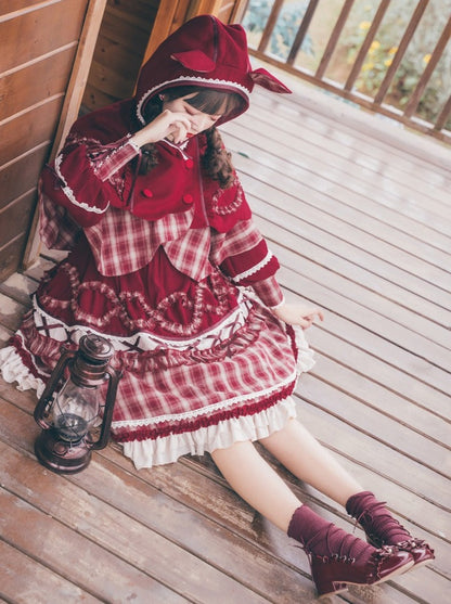 Check Ribbon Lace-up Lantern Sleeve Tiered Dress + Wolf Ear Hoodie Check Layered Cape Coat [Little Red Riding Hood Coordination]