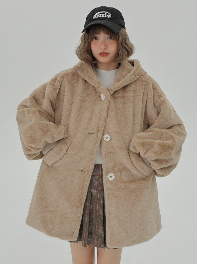 Velvet fur hooded long coat + hooded short coat