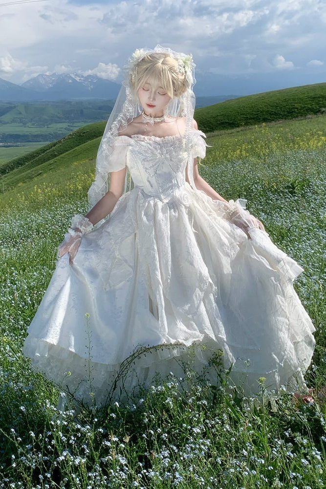 【10月28日予約締切】White Butterfly Gothic Lolita Puff Sleeve Dress Top + Layered Ruffle Asymmetrical Hem Skirt Set (With Chest Brooch + Waist Brooch)