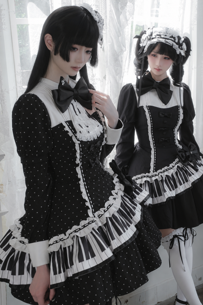 [Reservierungsschluss 22. Oktober] Schwarz gepunktetes Gothic-Lolita-Rüschenkleid mit asymmetrischem Design, Klaviertasten- und Musiknotenmotiv sowie Klaviertasten-Spitzenfliege