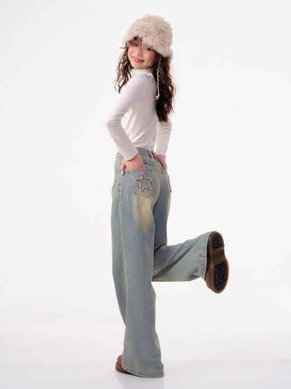 Light Blue American Retro Star Denim Pants